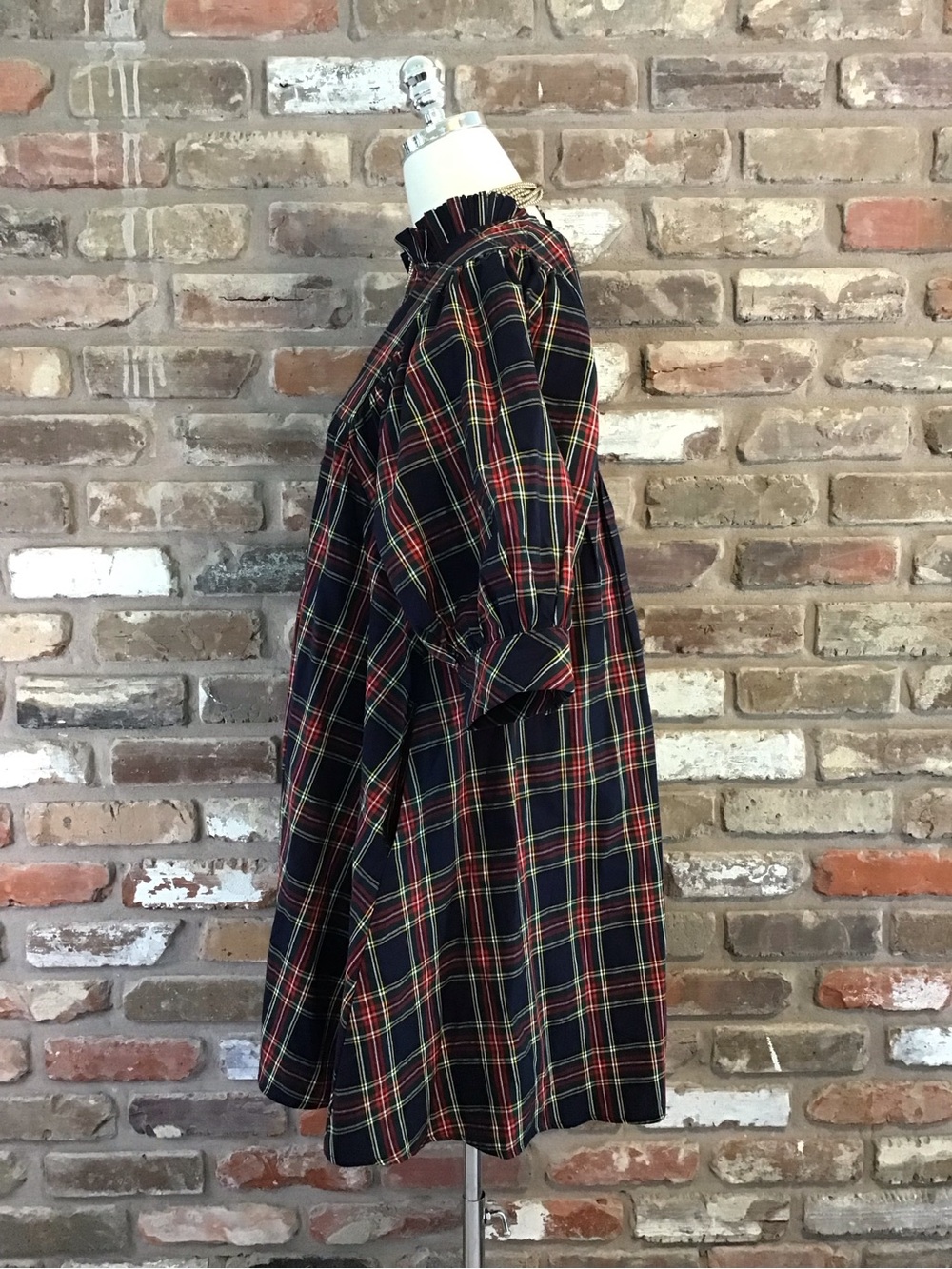 ENTRO Women's Navy Plaid Tartan Puff Sleeves Ruffle V-neck Mini Dress L NEW - Picture 3 of 8